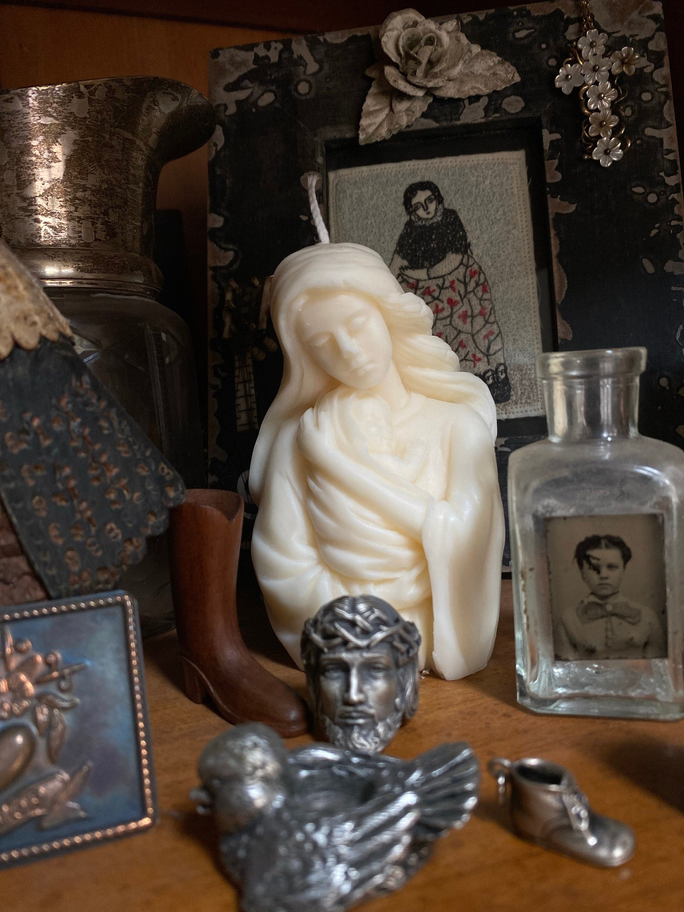 Mary and Baby Jesus Candle, Rosary Wax Statue, Catholic Gift, Prayer Altar or Christmas Nativity Decor CDLAF13